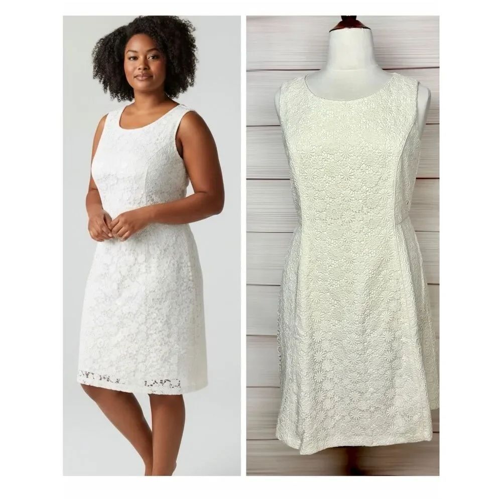 Talbots Ivory Floral Lace Dress Sleeveless Fit & Flare Cotton Blend NWT US 16